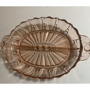 VINTAGE Hocking Depression Glass PINK Serving / Relish Bowl Dish Oyster & Pearl